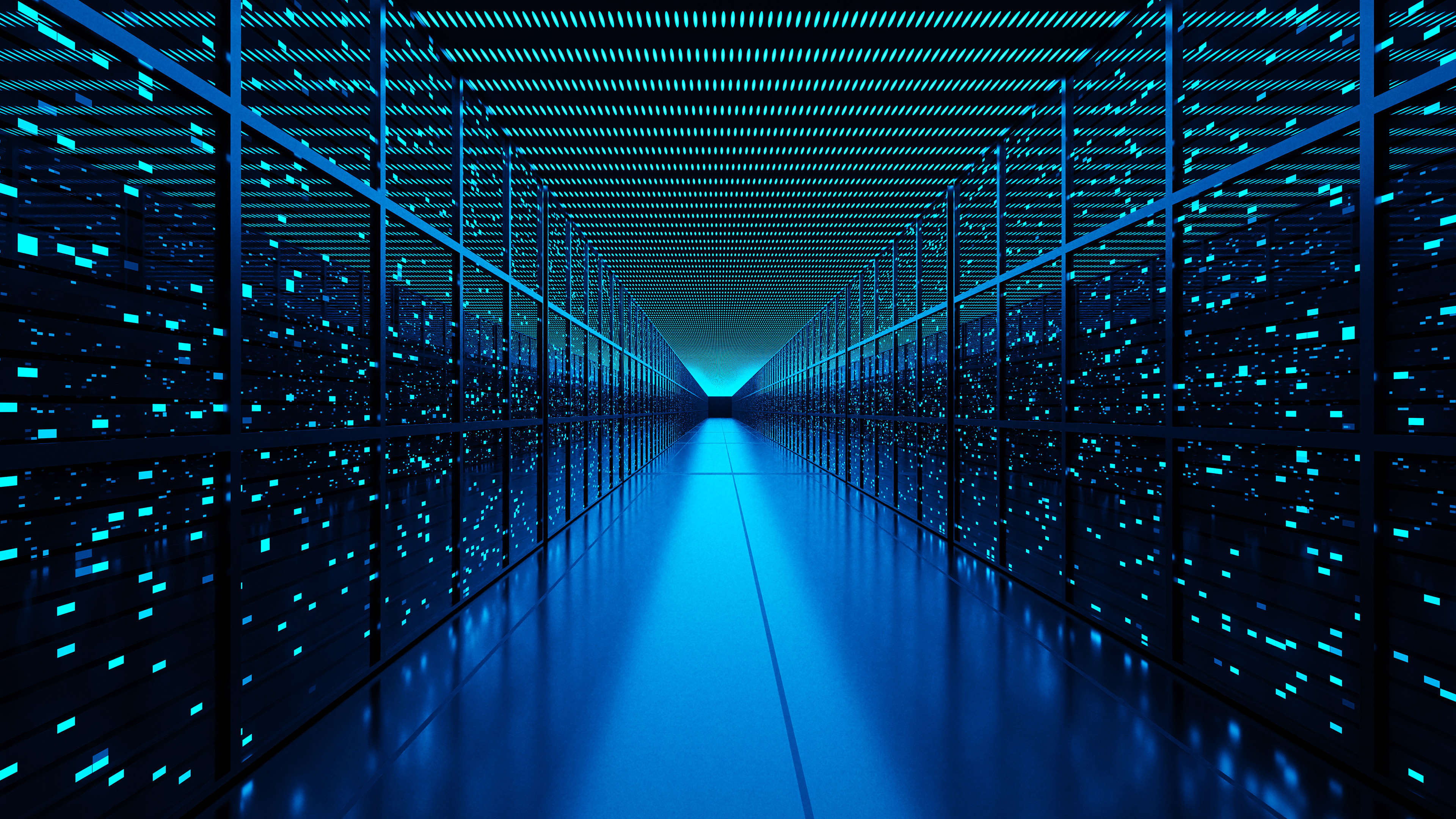 Blue-lit high-performance computing data center