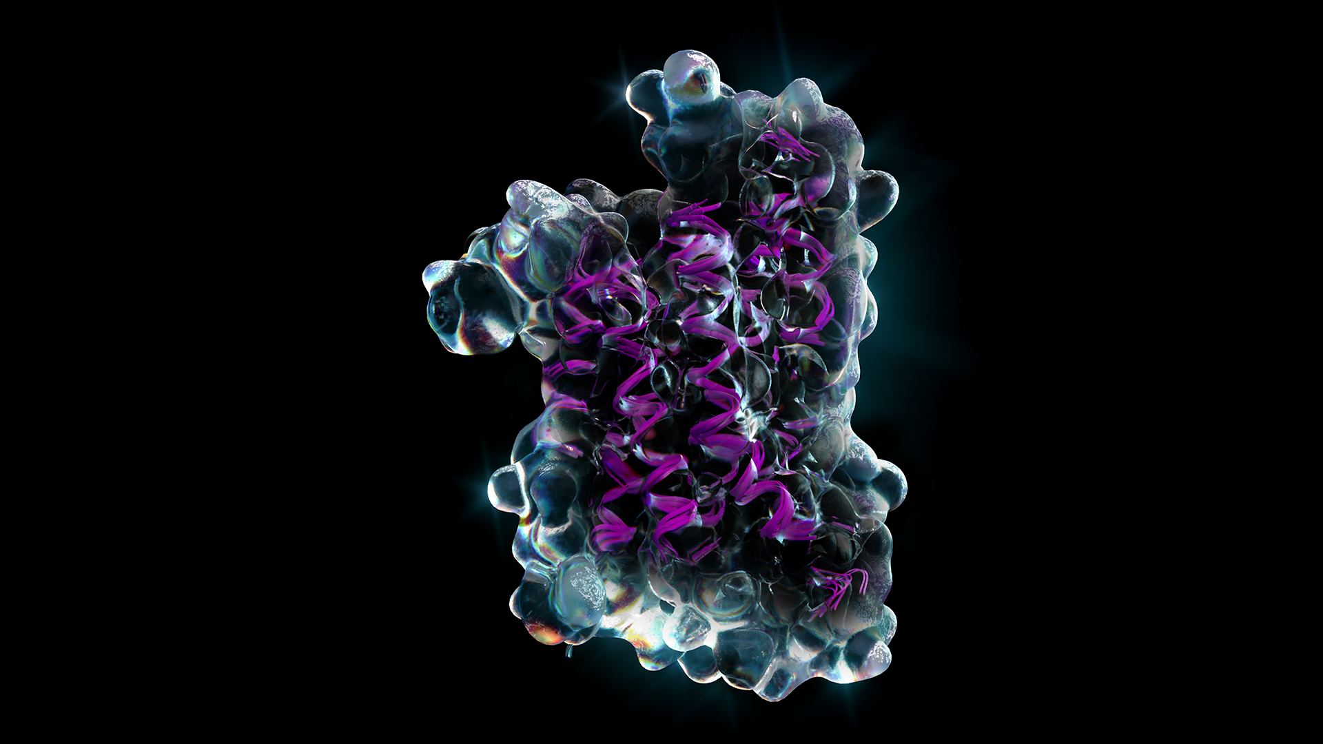 Glowing 3D molecular render of the HER2 protein