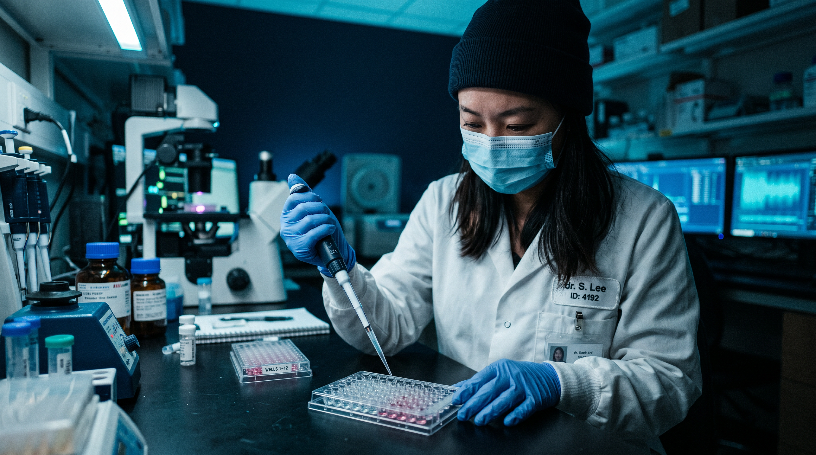 Scientist in gloves pipetting into a well plate under blue lab lighting