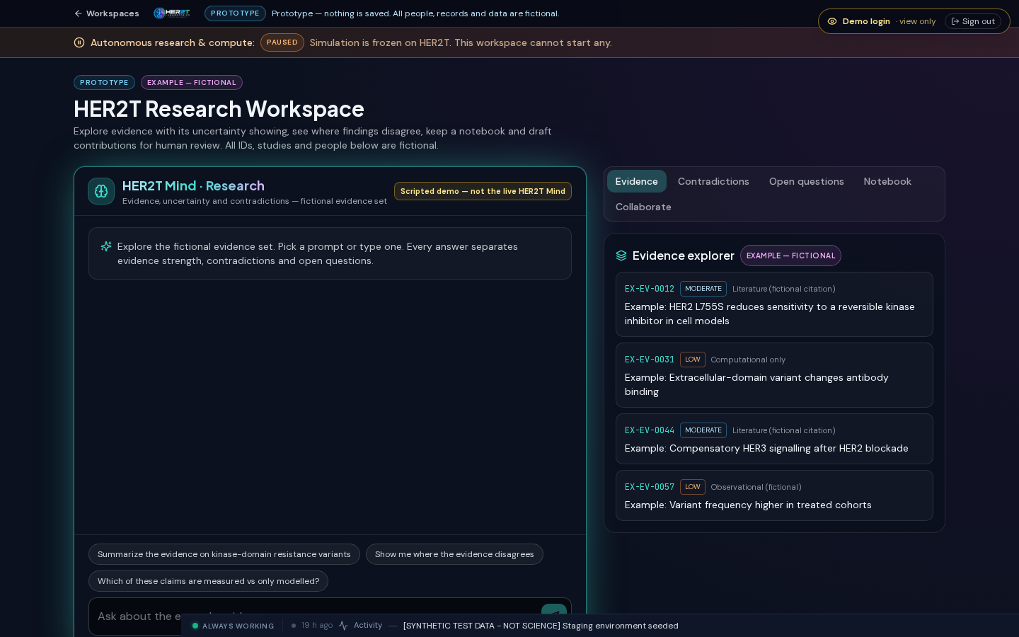 Research workspace with the Mind conversation and evidence, contradictions and open-question panels
